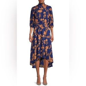 Nanette Lepore NWOT Navy Blue Orange Floral Midi Dress Long High Mock Neck New